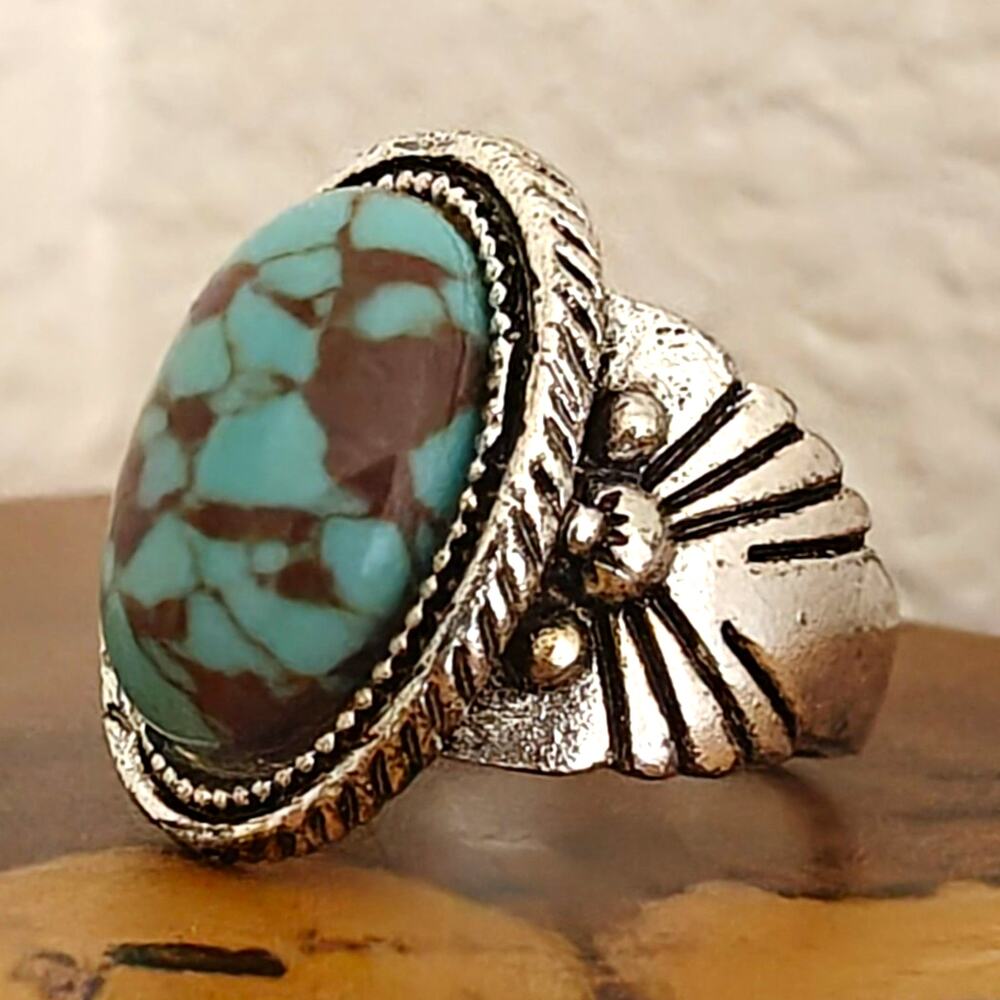 Silver Tone Oval Blue Turquoise Bezel Set Cocktail Ring